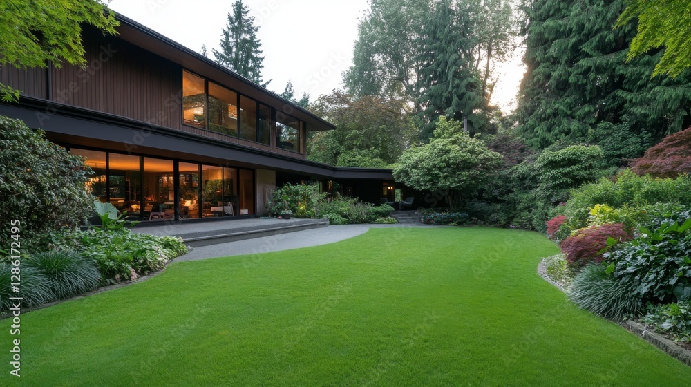 Fototapeta premium Modern home with lush garden at dusk