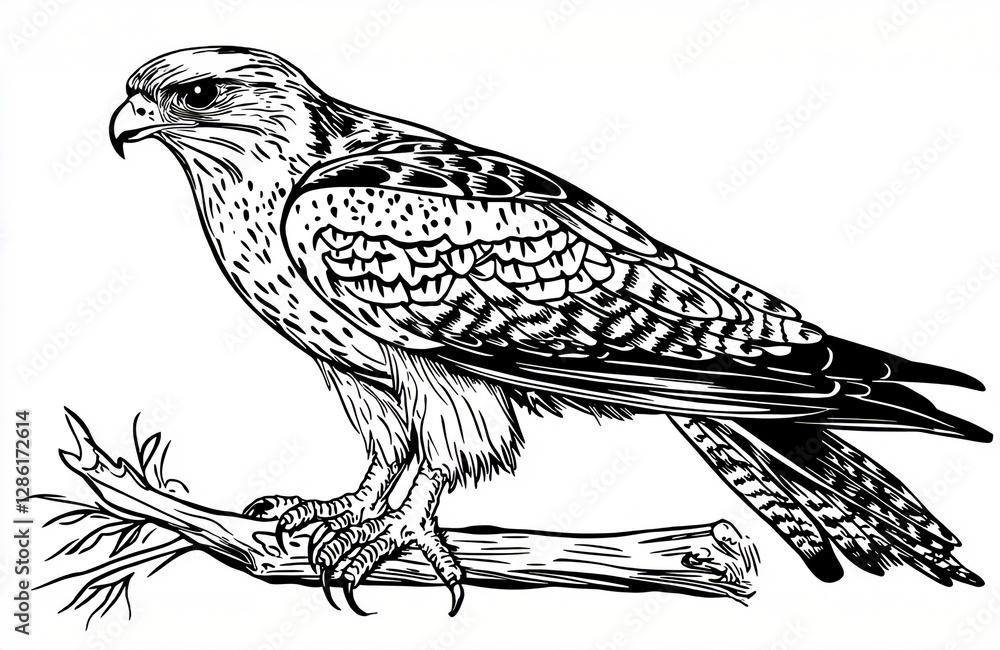 Fototapeta premium Intricate Cartoon Falcon Outline: Stylized Monochrome Vector Art for Creative Prints, Decor, and Projects with Transparent Background