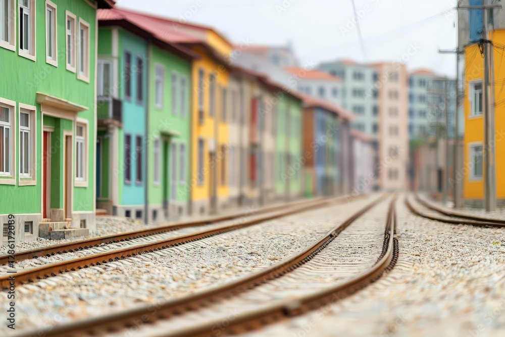 Naklejka premium Colorful houses lining railway tracks in vibrant urban neighborhood creating dynamic and lively cityscape with architectural diversity and cultural charm