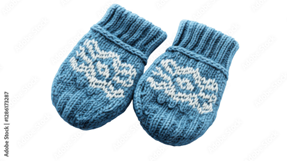 Stylish blue knitted mittens with white design ideal for winter wear and outdoor activities Stylish blue knitted mittens with white design ideal for winter wear and outdoor activities