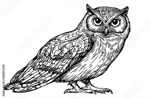 Modern Cartoon Owl Sketch: Sleek Monochrome Design for Contemporary Nature Prints, Apparel, and Branding with Transparent Background photo