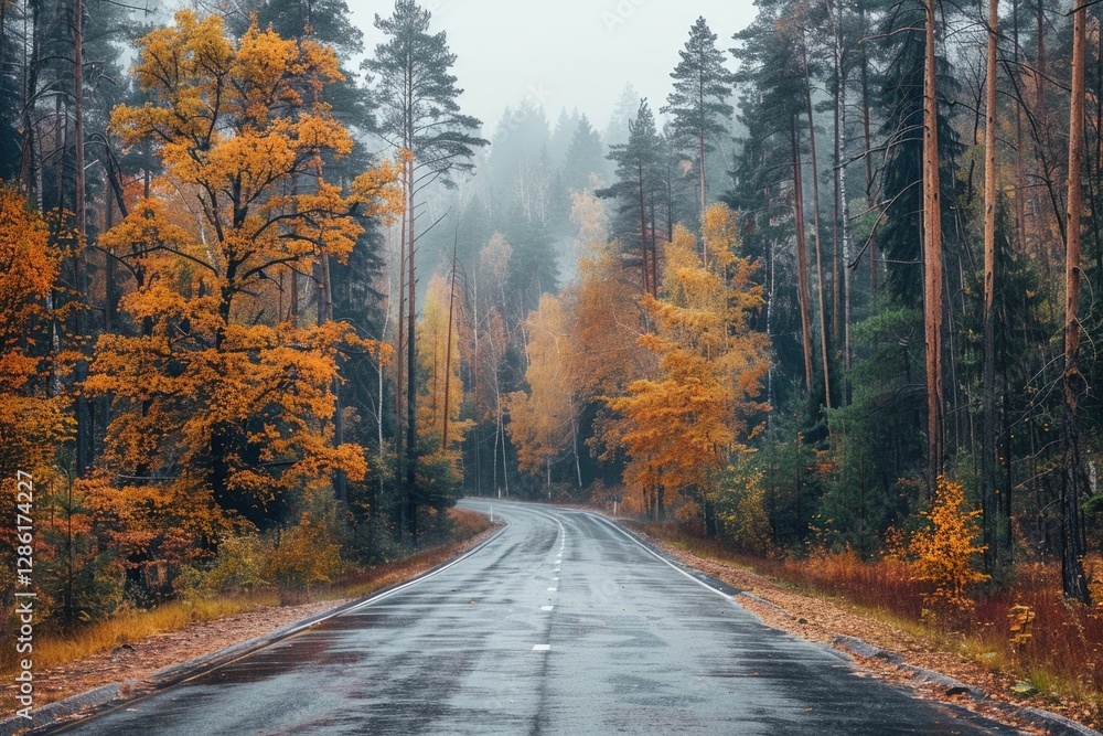 Obraz premium A scenic autumn road curves through a misty forest, vibrant orange and yellow leaves adorn the trees.