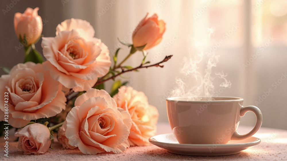 Serene Mother's Day Scene: Apricot Flowers and Coffee Cup for Greeting Cards, Social Media, and Gift Promotions Serene Mother's Day Scene: Apricot Flowers and Coffee Cup for Greeting Cards, Social Media, and Gift Promotions
