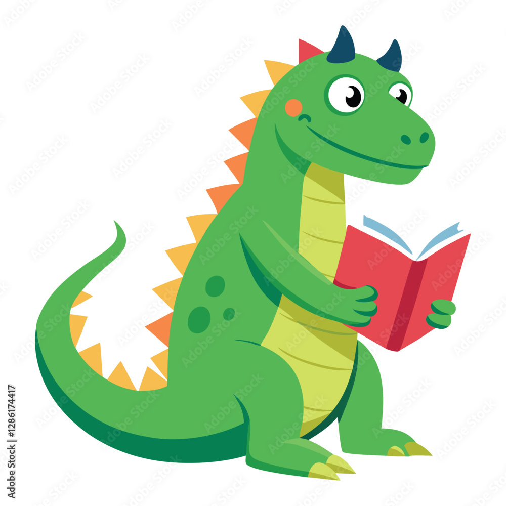 Cute dinosaur read book vector cartoon illustration isolated on a white background.; Cute dinosaur read book vector cartoon illustration isolated on a white background.;