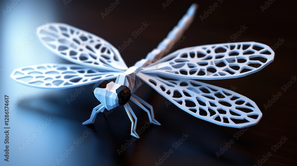 Fototapeta premium Intricate 3D-Rendered Dragonfly on a Dark Surface with Soft Lighting and Detailed Texture