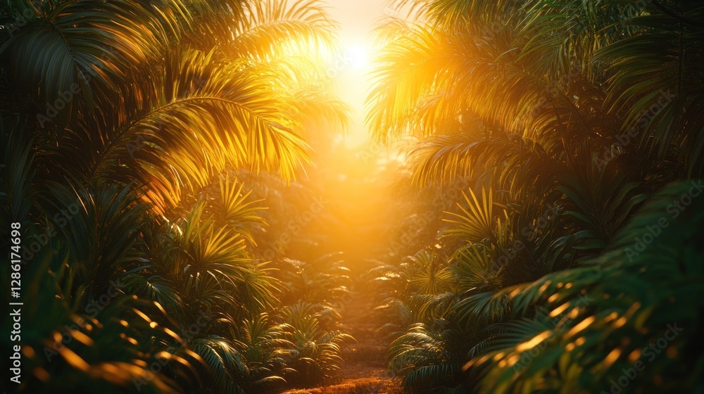 Sunlit Jungle Path, Lush Tropical Forest Sunlit Jungle Path, Lush Tropical Forest