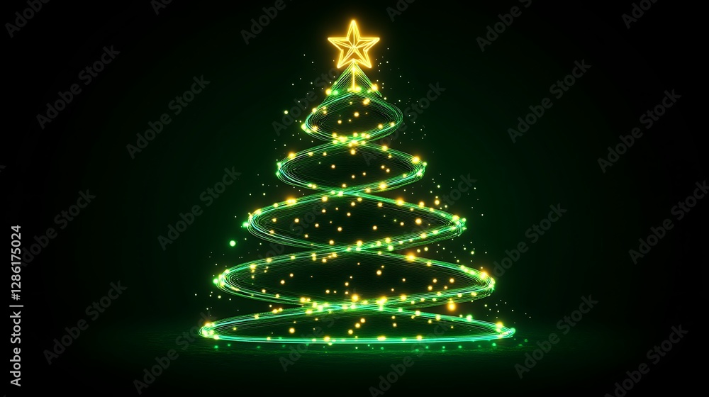 A neon green Christmas tree line drawing on a black background, with glowing edges and a star at the top. A neon green Christmas tree line drawing on a black background, with glowing edges and a star at the top.