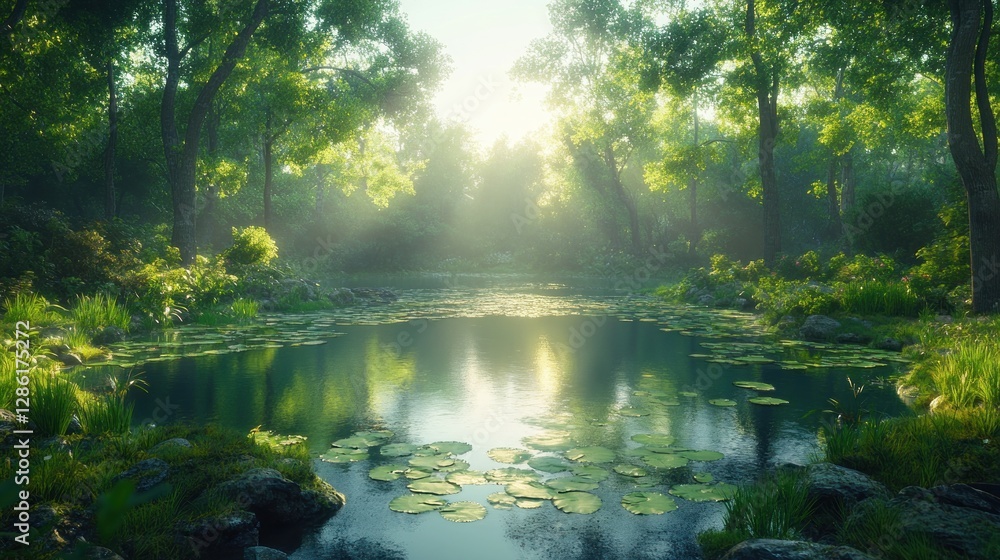 Sunlit Forest Pond, Calm Morning Sunlit Forest Pond, Calm Morning