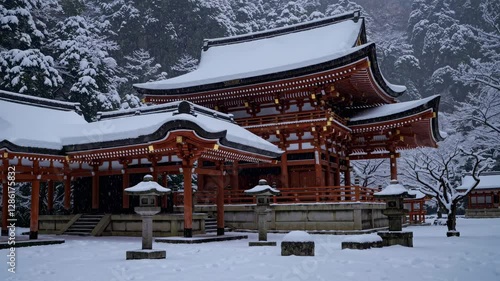 Wallpaper Mural A serene winter scene of a traditional Japanese temple, captured at eye level. The video style highlights snow-covered roofs and tranquil surroundings. Torontodigital.ca