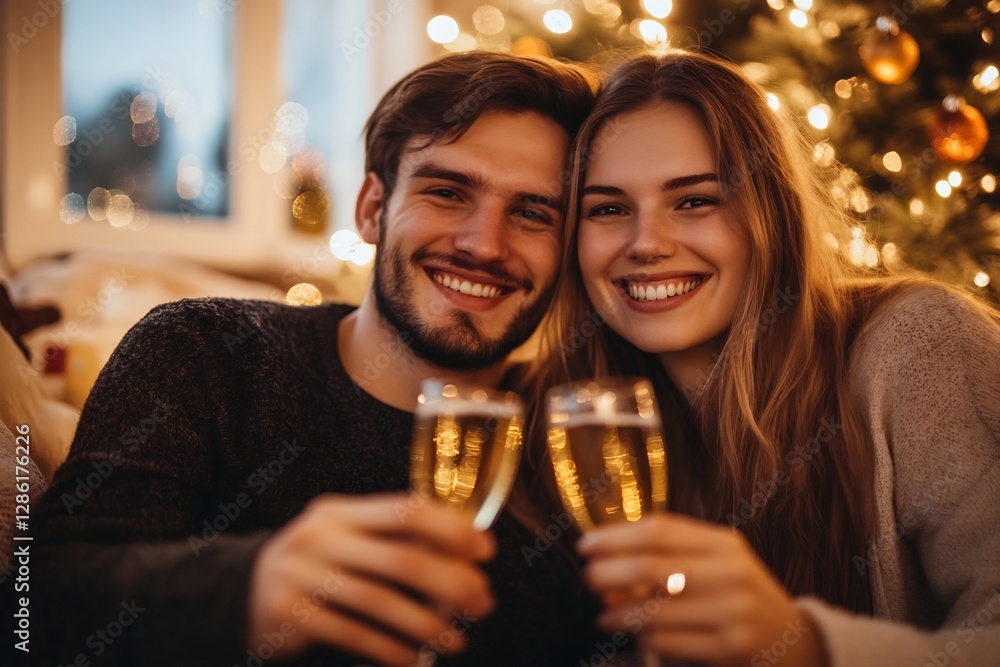 Couple toasting champagne by Christmas tree Couple toasting champagne by Christmas tree