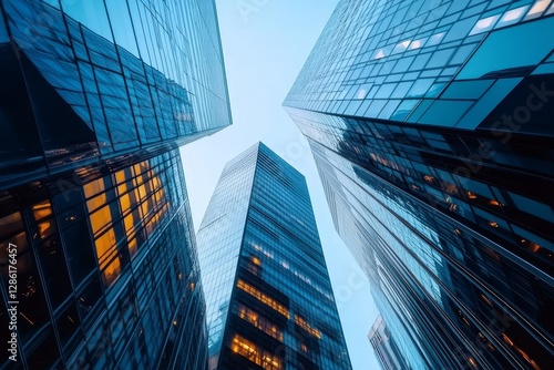 Wallpaper Mural Low Angle View of Modern Skyscrapers, Blue Glass Facades, Urban Architecture, Cityscape, Business skyscraper, cityscape Torontodigital.ca