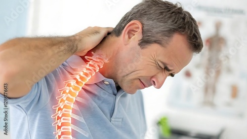 young man having a headache.  Man Experiencing Neck Pain with Visible Spinal Overlay

