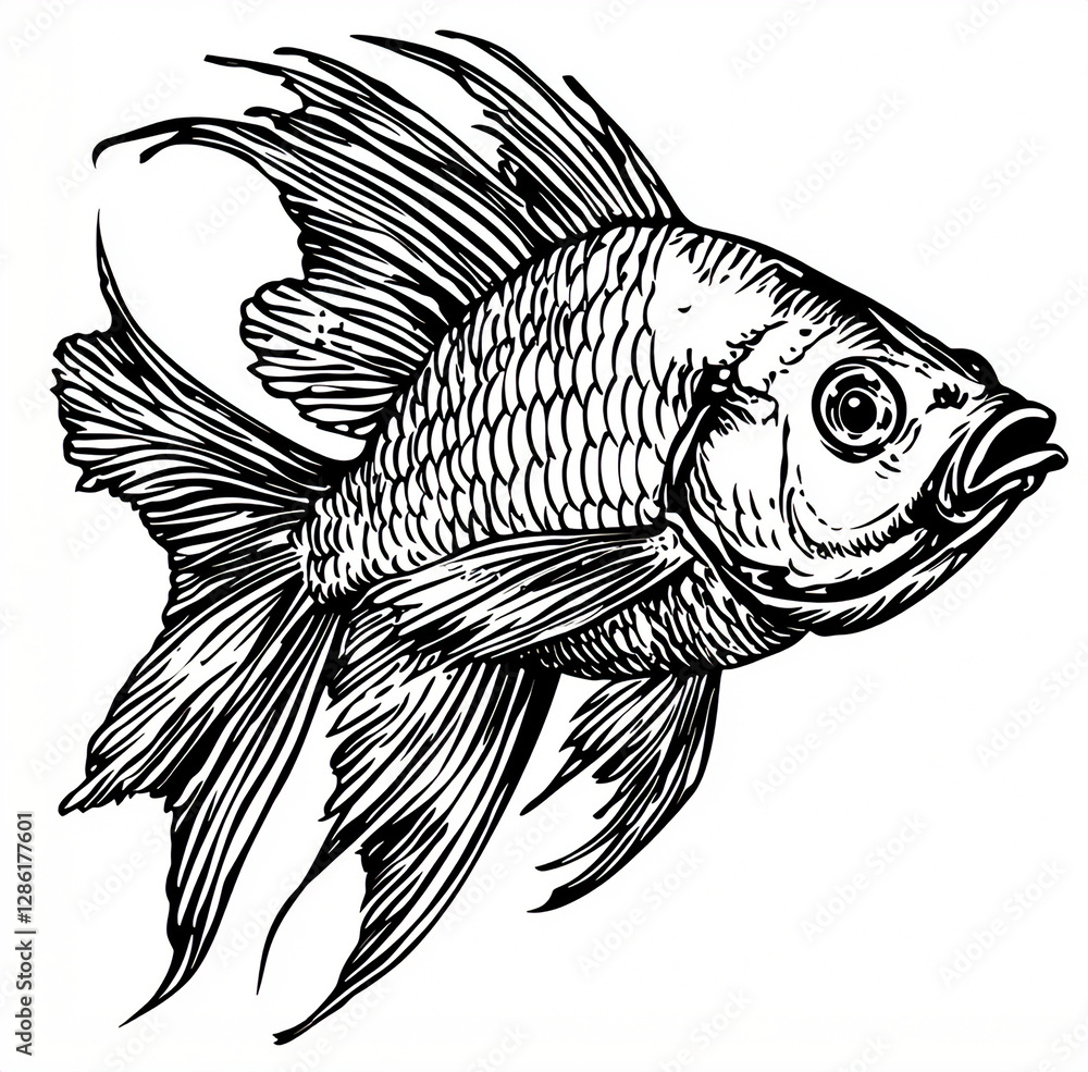 Fototapeta premium Creative Tropical Fish Silhouette Outline: Premium Monochrome Sketch for Artistic Projects, Branding, and Marine Decor with Transparent Background