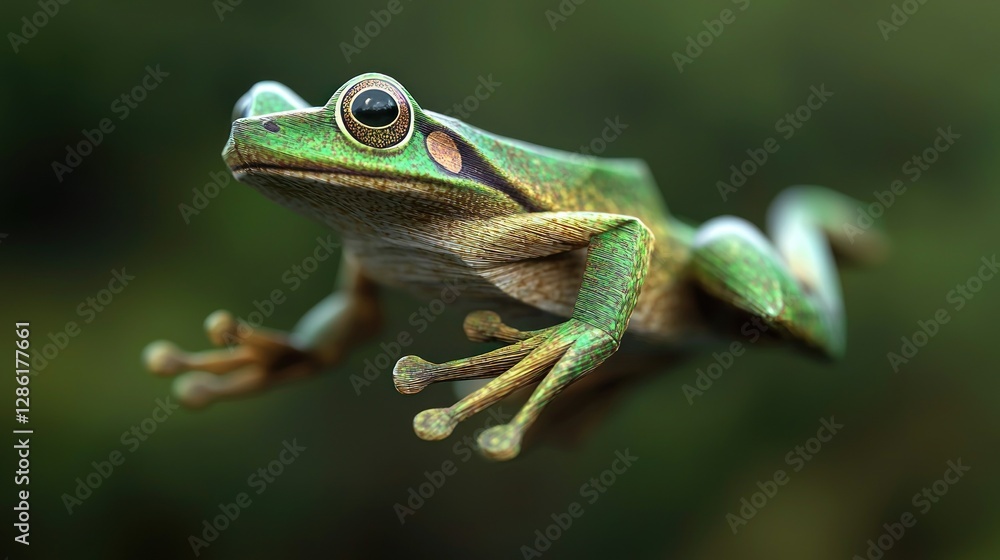 A vibrant green frog leaping through the air in a lush, natural environment, showcasing agility A vibrant green frog leaping through the air in a lush, natural environment, showcasing agility