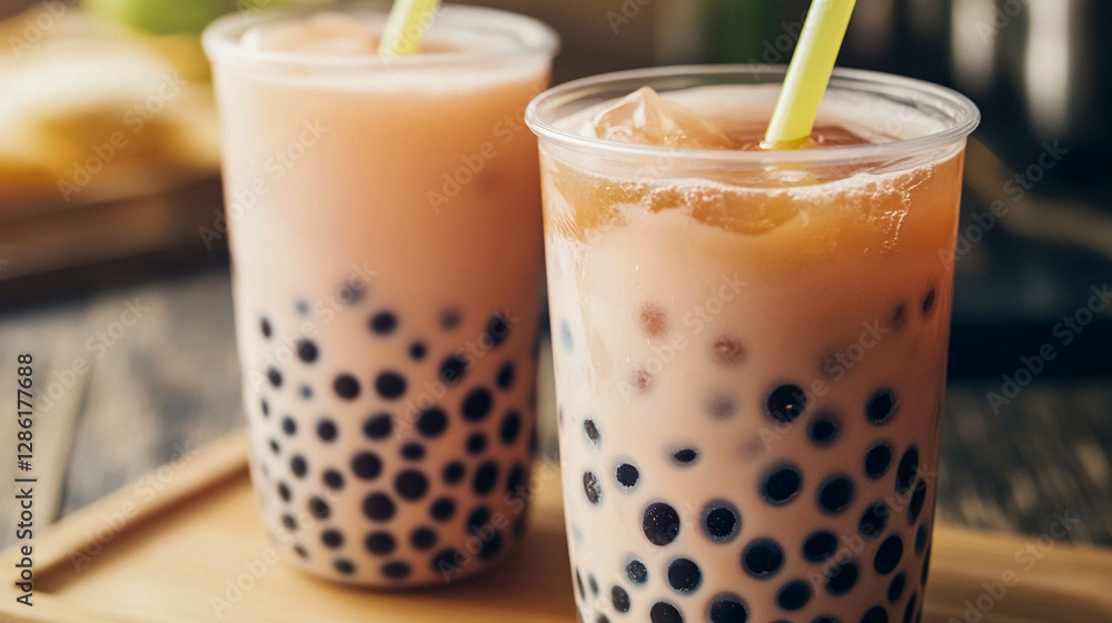 Refreshing bubble tea served in clear cups filled with tapioca pearls and iced drink Refreshing bubble tea served in clear cups filled with tapioca pearls and iced drink