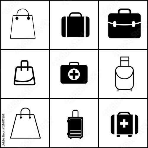 a set of black suitcases and luggage icons on a white background