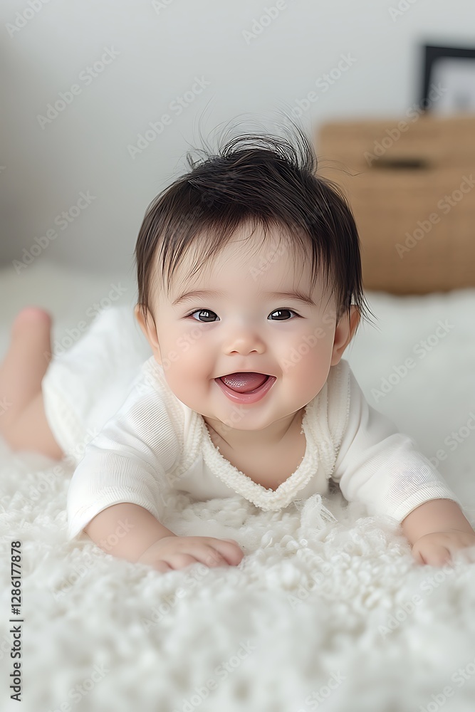 there is a baby that is laying on a white blanket there is a baby that is laying on a white blanket