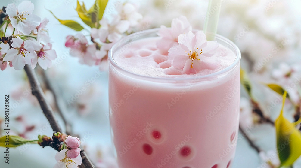 Refreshing pink drink adorned with cherry blossoms in a serene garden setting during springtime Refreshing pink drink adorned with cherry blossoms in a serene garden setting during springtime