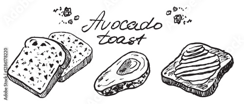 Avocado toast recipe in black brush stroke texture isolated on white background. Hand drawn vector sketch illustration in vintage charcoal ink style. Menu design, recipe, heathy nutrition print