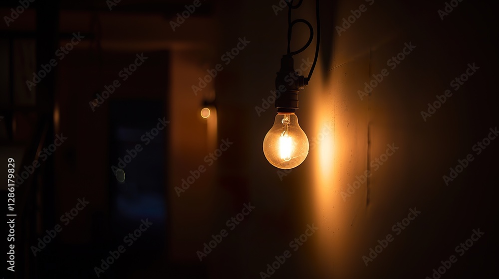 Dark empty room with single flickering light bulb casting long shadows, emphasizing absence of power and eerie atmosphere, minimalist setting with focus on light bulb's glow Dark empty room with single flickering light bulb casting long shadows, emphasizing absence of power and eerie atmosphere, minimalist setting with focus on light bulb's glow
