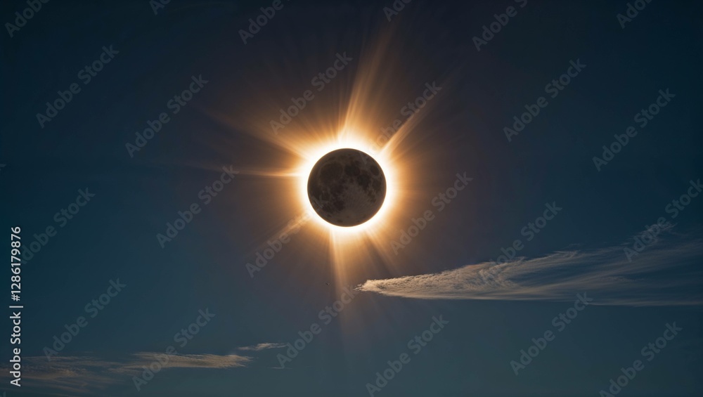 Obraz premium A breathtaking solar eclipse scene depicting the moon slowly creeping in front of the sun casting an ethereal glow on the surrounding landscape with the sun's corona bursting out in a fiery halo light