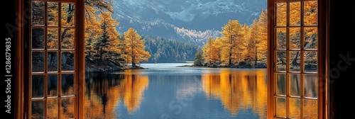 Autumnal lake view seen through open wooden window.