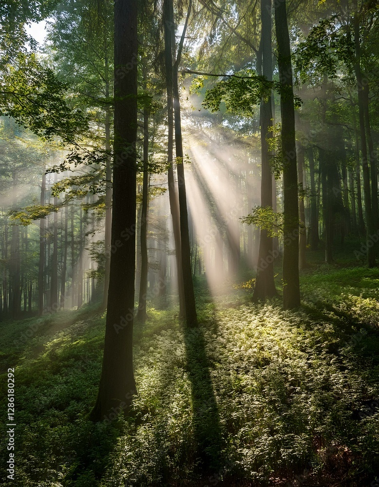 Obraz premium Light filtering through trees in a forest, creating soft shadows