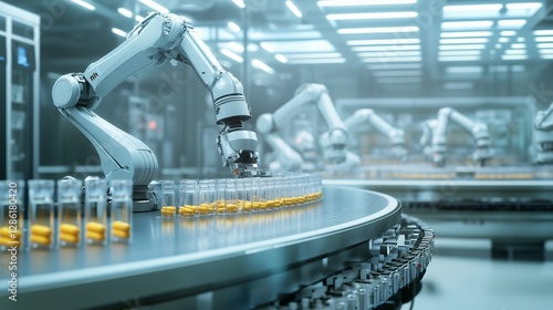 A futuristic pharmaceutical production line featuring robotic arms precisely handling and packaging capsules in a sterile high-tech laboratory environment, showcasing the advancements in automation an