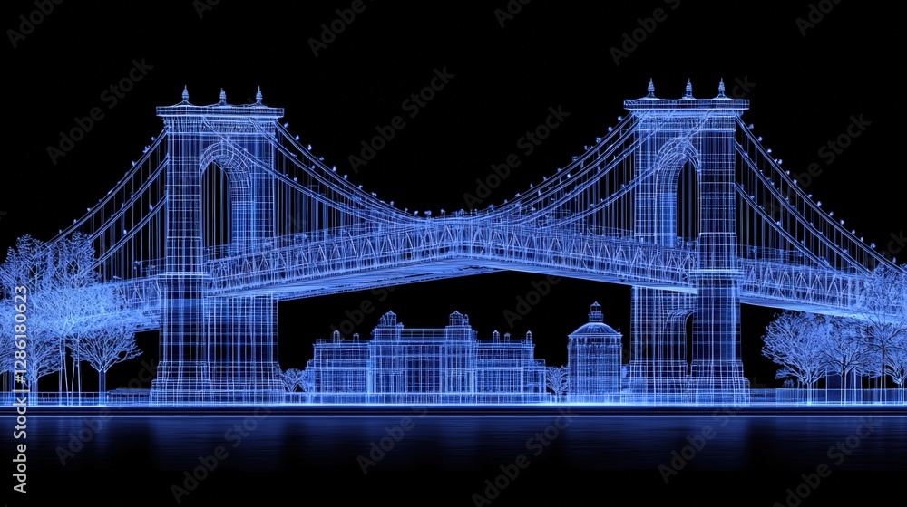 Fototapeta premium Stunning view of a blue wire bridge spanning over a serene waterway