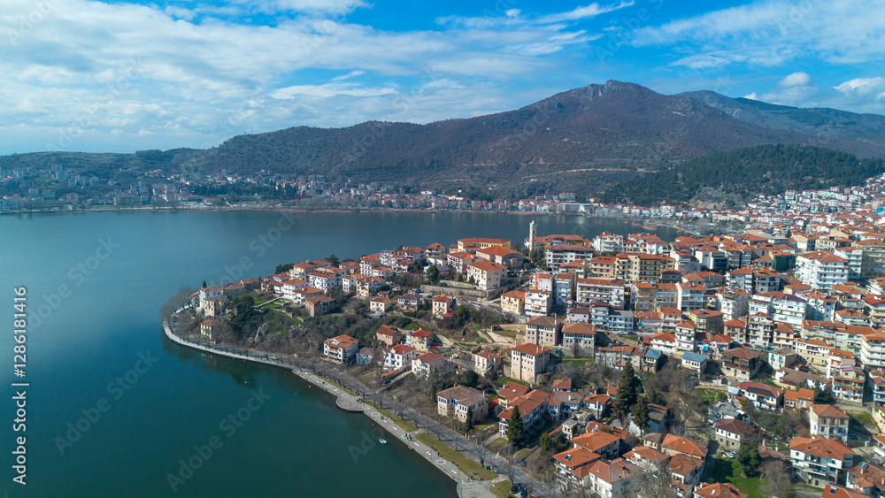 Aerial view of the city of Kastoria and Lake Orestiada in north Greece.