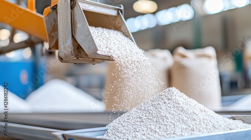 Close-Up of Fertilizer Granules Flowing from a Conveyor Hopper