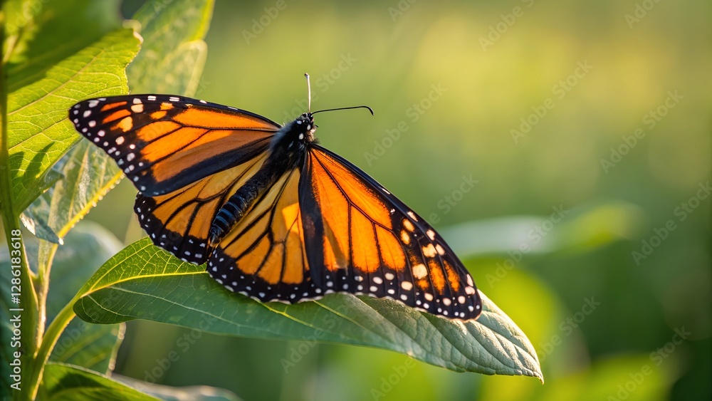 Monarch Butterfly on Leaf: A vibrant monarch butterfly rests gracefully on a green leaf, its wings displaying a stunning pattern of orange, black, and white, bathed in soft sunlight. Monarch Butterfly on Leaf: A vibrant monarch butterfly rests gracefully on a green leaf, its wings displaying a stunning pattern of orange, black, and white, bathed in soft sunlight.