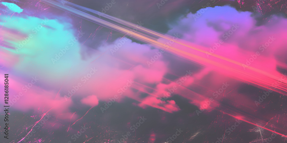 Fototapeta premium Dusted, scratched Holographic Abstract Multicolor Backgound, Trend Design Pink, Cyan, and Purple Glow, noise, grain, small dust artifacts. Suitable for overlays, posters, flyers, covers, banners, etc