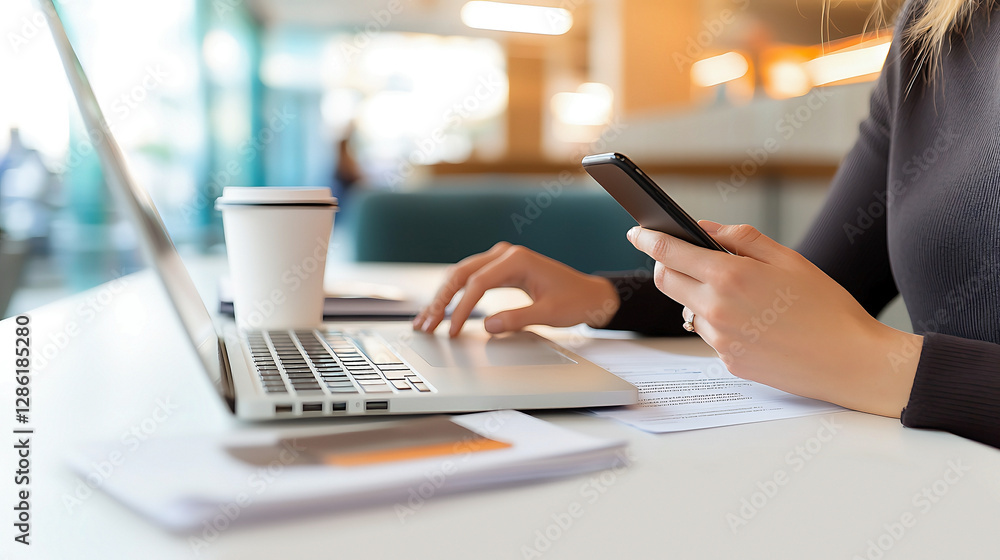 A woman is sitting at a table with a laptop and a cell phone A woman is sitting at a table with a laptop and a cell phone