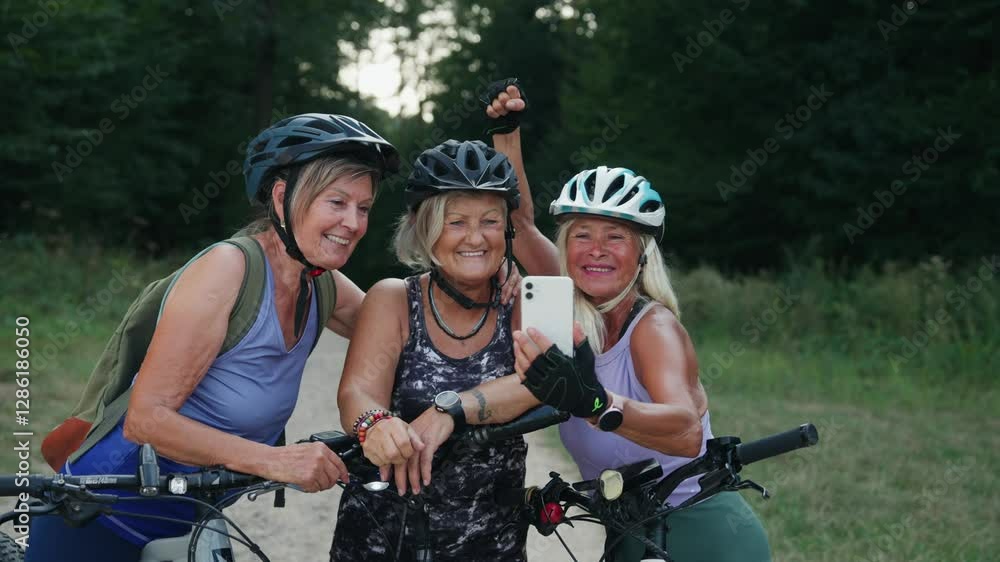 Senior friends on bike tour in nature taking selfie. Older women on low impact route riding electric bikes. Senior friends on bike tour in nature taking selfie. Older women on low impact route riding electric bikes.