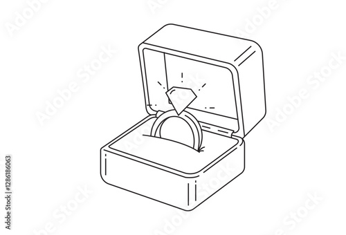 Jewellery Box vectors, jewelry box complete with diamond ring inside. Line style, illustration of opening jewelry box, for wedding and valentine event. eps vector