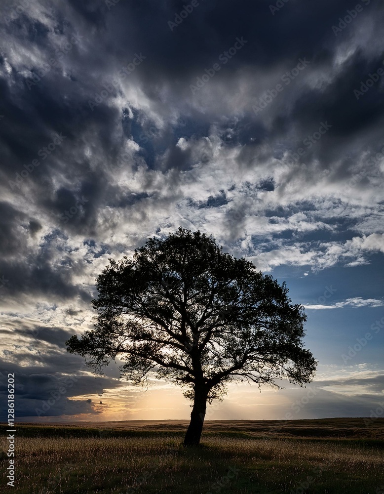 Obraz premium Silhouette of a single tree against an expansive cloudy sky