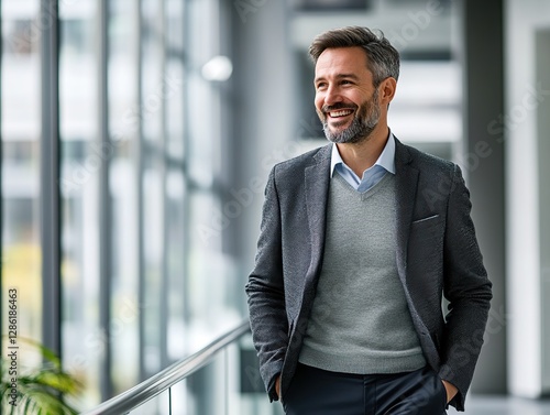 Handsome smiling businessman in business casual stands in office corridor, laughing at camera with brown hair and light stubble beard. Modern glass wall open space in background.