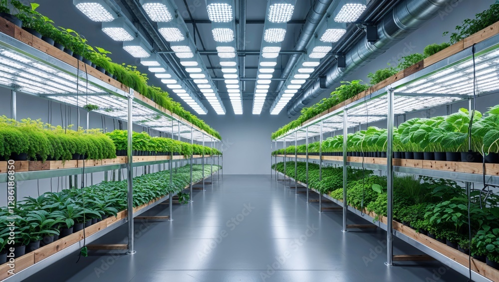 Inside a modern vertical farm, plants flourish on illuminated shelves, showcasing sustainable agriculture. Inside a modern vertical farm, plants flourish on illuminated shelves, showcasing sustainable agriculture.