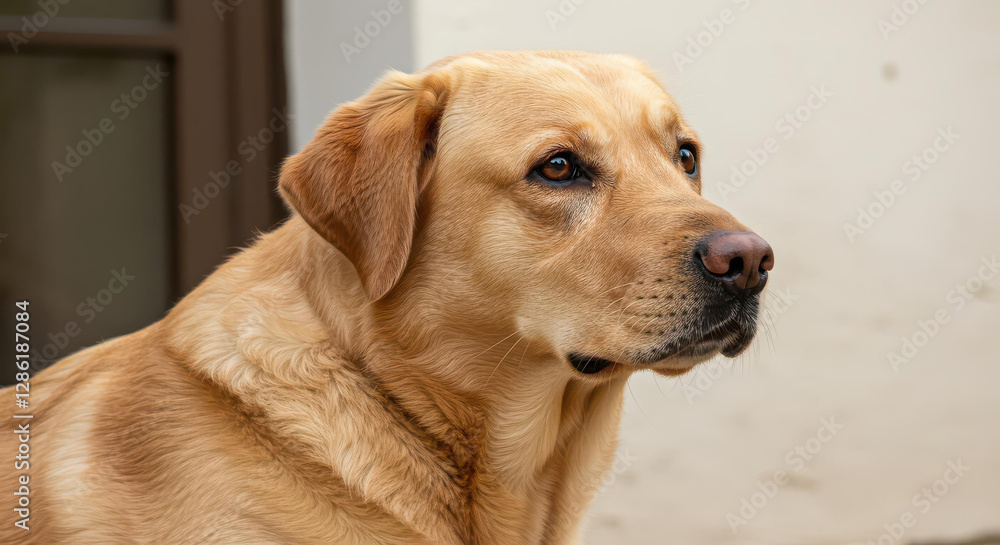 Golden Labrador Retriever Dog Portrait Close Up Light Brown Fur Outdoors Golden Labrador Retriever Dog Portrait Close Up Light Brown Fur Outdoors