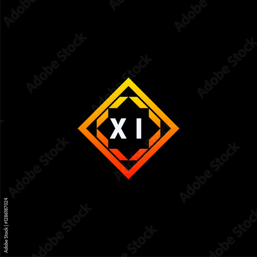 Free Download XI initials dynamic geometric logo design features a bold lettering sign in an orange and black color scheme, displayed against a dark background - GFXLoad