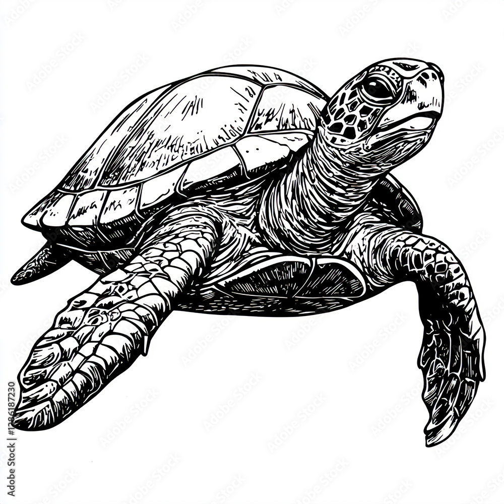 Fototapeta premium Creative Sea Turtle Silhouette Outline: Premium Monochrome Sketch for Artistic Projects, Branding, and Marine Decor with Transparent Background