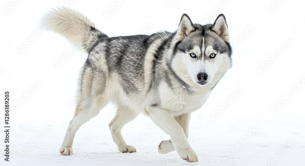 Fototapeta premium Majestic Siberian Husky Dog Walking in Winter Snow Canine Portrait