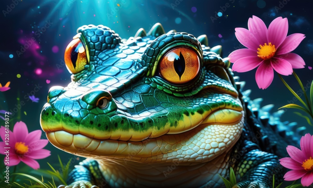 Vibrant crocodile with bright flowers in enchanting night scene Vibrant crocodile with bright flowers in enchanting night scene