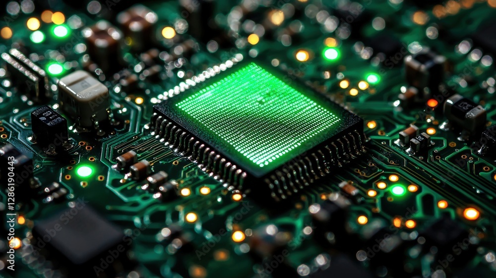A closeup view of a detailed green circuit board on a computer A closeup view of a detailed green circuit board on a computer