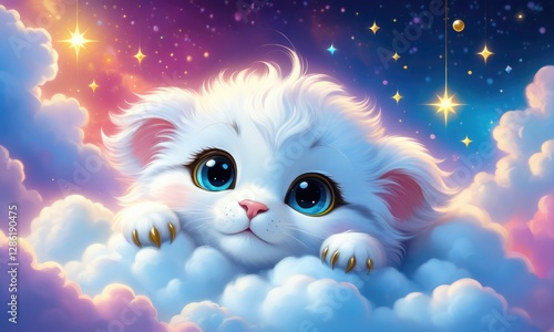 Adorable fluffy kitten in dreamy cloudscape with starry night sky and soft pastel colors