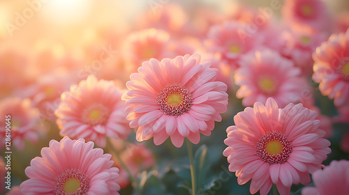 Pink gerbera daisies with soft sunlight, golden hour, dreamy macro, floral closeup