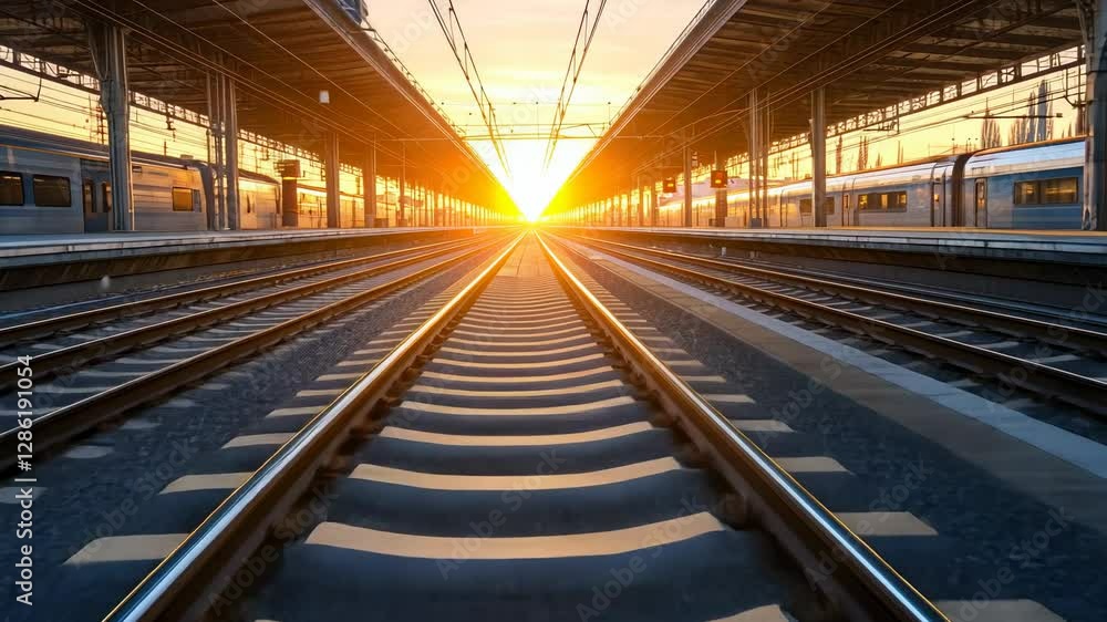 Golden Hour at the Train Station: Railroad Tracks Leading to Sunset Golden Hour at the Train Station: Railroad Tracks Leading to Sunset