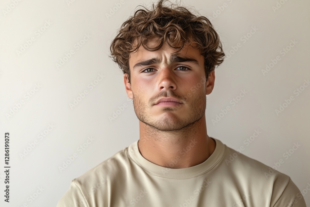 Obraz premium A moody young man, serious frowning expression, plain light beige background, clean studio lighting, minimalist design, neutral tones, focus on emotions and face structure.