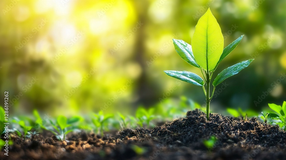 Young Sprout Growing in Rich Soil with Sunlit Forest Background Young Sprout Growing in Rich Soil with Sunlit Forest Background